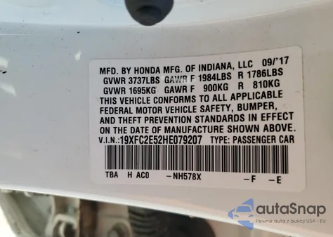 2017 Honda Civic Lx from USA, damaged, VIN 19XFC2E52HE079207